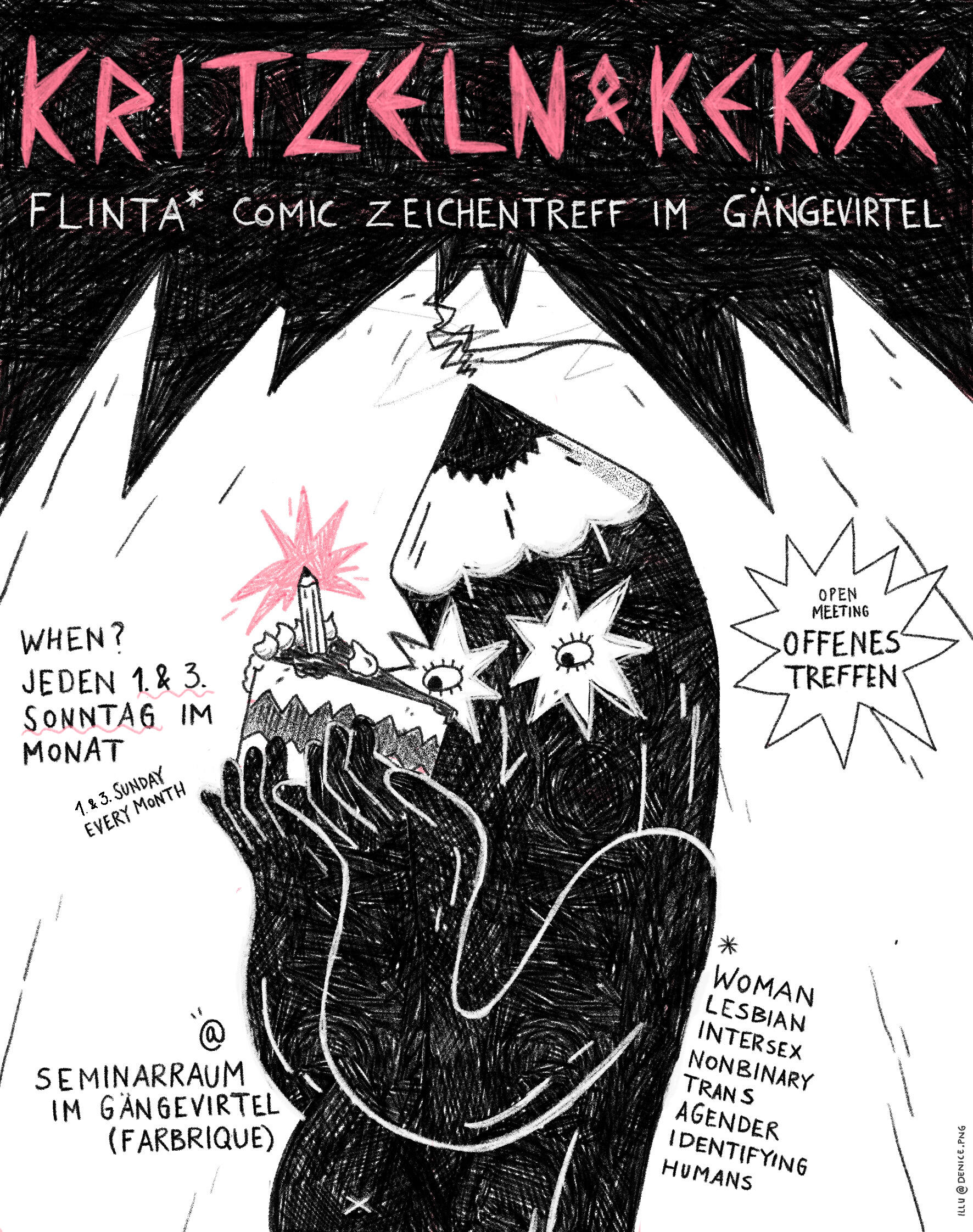 Comics & Cake Cover Image in black and purple. Subheader is FLINTA* COMIC Zeichentreff im Gängeviertel. The person is a pen and they are holding a cake with a pen canle. Next to it it says WHEN? Jeden 1 & 3. Sonntag im Monat darunter auf englisch 1st & 3Rd