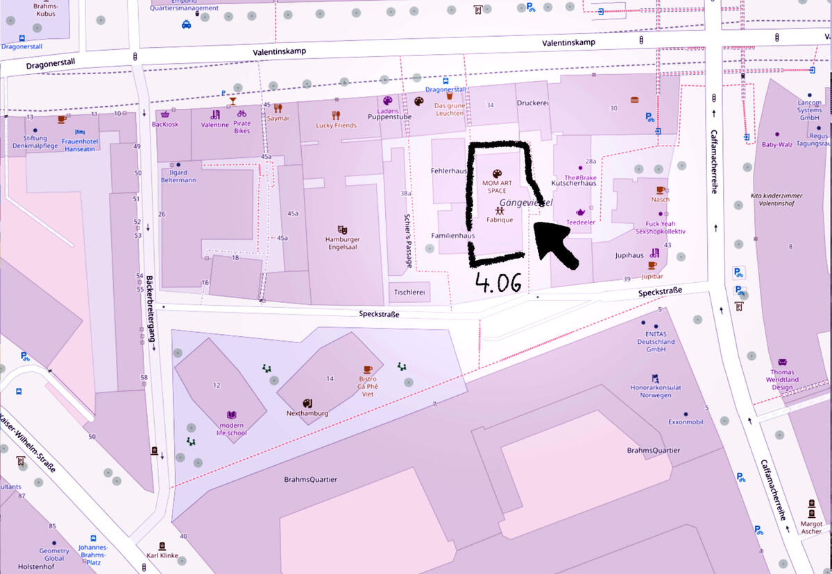 Map of the Gängeviertel in Hamburg with at arrow pointing at the venue